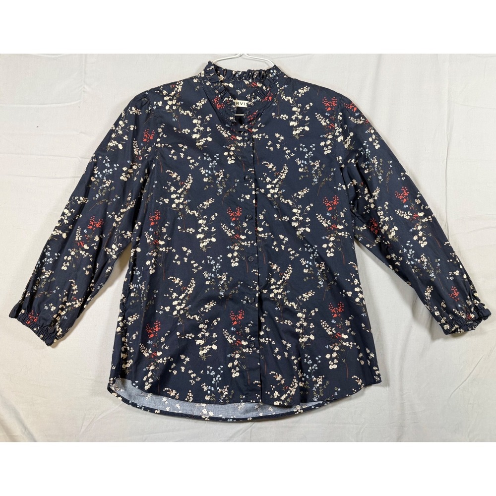 Orvis Womens Navy Floral Ruffle Neck Cotton Button Down Blouse Top 3J6Z Small